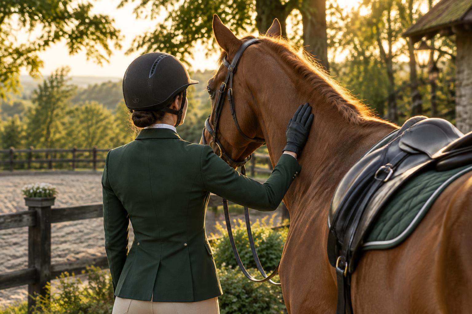 A rider sharing a quiet moment with her chestnut horse